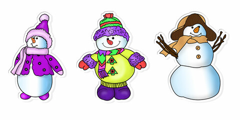 3D rendering. A creative composition with a set of Christmas-themed stickers. Snowmen close-up on a white background. Illustrations for printing and clippings.