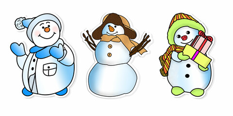 3D rendering. A creative composition with a set of Christmas-themed stickers. Snowmen close-up on a white background. Illustrations for printing and clippings.