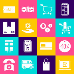 Set Shopping cart on laptop, Ten discount percent tag, and food, Hand holding coin money, Cardboard box with traffic symbol, Price text Sale and Coin icon. Vector