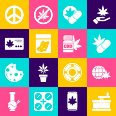 Set Manual grinder, Legalize marijuana globe, Medical pills with, Herbal ecstasy tablets, Plastic bag of cannabis, Calendar and leaf, Peace and bottle icon. Vector