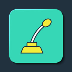 Filled outline Microphone icon isolated on blue background. On air radio mic microphone. Speaker sign. Turquoise square button. Vector