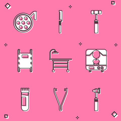 Set Surgery lamp, Medical saw, Neurology reflex hammer, Stretcher, Operating table, X-ray machine, Test tube with blood and tweezers icon. Vector