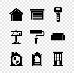 Set Garage, House key, under protection, contract, Hanging sign with Rent and Paint roller brush icon. Vector