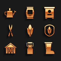 Set Corn, Can container for milk, Waterproof rubber boot, Shield corn, Farm house, Gardening handmade scissors, Hive bees and Watering can icon. Vector