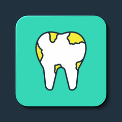 Filled outline Broken tooth icon isolated on blue background. Dental problem icon. Dental care symbol. Turquoise square button. Vector