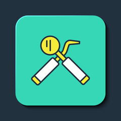 Filled outline Dental inspection mirror and probe icon isolated on blue background. Explorer scaler. Tool dental checkup. Turquoise square button. Vector