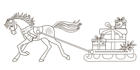 A Christmas running horse in a scarf and a sled with gifts. Сoloring page