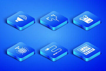 Set Oscilloscope, Speaker volume, Audio jack, Disco ball, Air headphones and in box icon. Vector