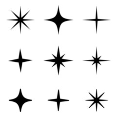 Shine sparkle star icon set. Twinkle star black silhouette for sparkle, glitter light, magic flare effect. Isolated vector illustration.