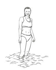 Sketch of woman in two-piece swimsuit standing in water. Hand drawn vector linear illustration