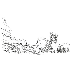 Fototapeta na wymiar Female trekker with backpack sitting and resting on big rock, Hand drawn vector linear illustration