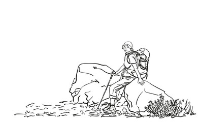 Female trekker with backpack sitting and resting on big rock, Hand drawn vector linear illustration