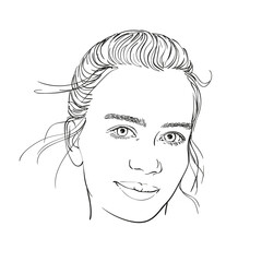Sketch of teenage girl with shy look, Hand drawn vector linear illustration