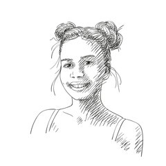Sketch of beautiful smiling teenage girl with two buns hairstyle and thick eyebrows, Hand drawn vector illustration with hatched shades