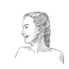 Face of smiling young teenage girl in profile, Hand drawn illustration with hatched shades isolated on white background, Vector sketch