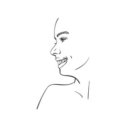 Face of smiling young teenage girl in profile, Hand drawn line art illustration isolated on white background, Vector sketch