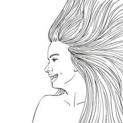 Vector sketch of teenage girl in profile with long hair blowing up, Hand drawn vector illustration