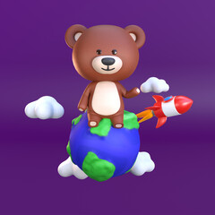 3d rendering of a cute bear sitting on a planet and a rocket passing by illustration
