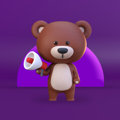 3d rendering of cute bear character holding megaphone marketing illustration