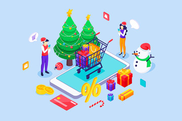 Young people are shopping online with a giant smartphone on Christmas Sale day. Christmas tree, Snowman, Shopping cart, and gift boxes. Isometric Vector Illustration