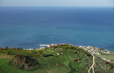 Breathtaking outlook panoramic scenic landscape view over coast of Sicily, Italy island onto...