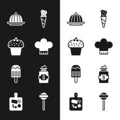 Set Chef hat, Cake, Pudding custard, Ice cream waffle cone, Jar of sugar, Lollipop and Cutting board icon. Vector