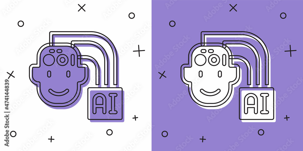 Poster set humanoid robot icon isolated on white and purple background. artificial intelligence, machine le