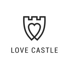 Minimal Castle Tower Fort Fortress Shield Security Defense with Heart Love Symbol logo design vector