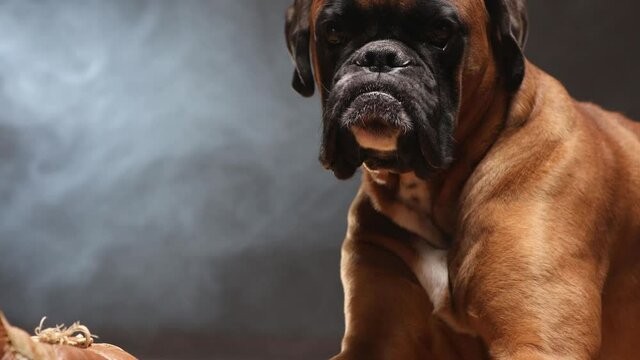 Boxer dog lying down on the floor and playing with brown vintage boxing gloves.