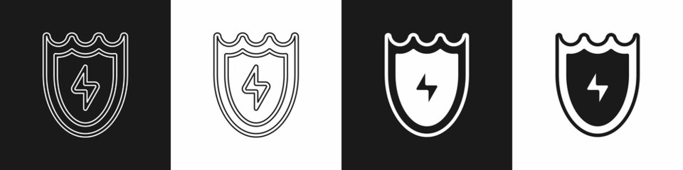 Set Lightning and shield icon isolated on black and white background. High voltage shield. Safe energy. Vector