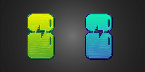 Green and blue Refrigerator icon isolated on black background. Fridge freezer refrigerator. Household tech and appliances. Vector