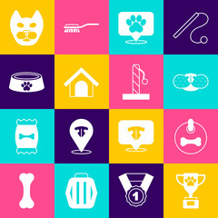 Set Pet award, Dog collar, Cat nose, Location veterinary hospital, house, food bowl, and scratching post icon. Vector