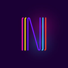 N letter logo is made of three neon lines. Vector font with glowing effect.