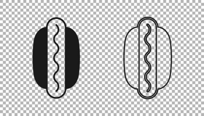 Black Hotdog sandwich with mustard icon isolated on transparent background. Sausage icon. Fast food sign. Vector