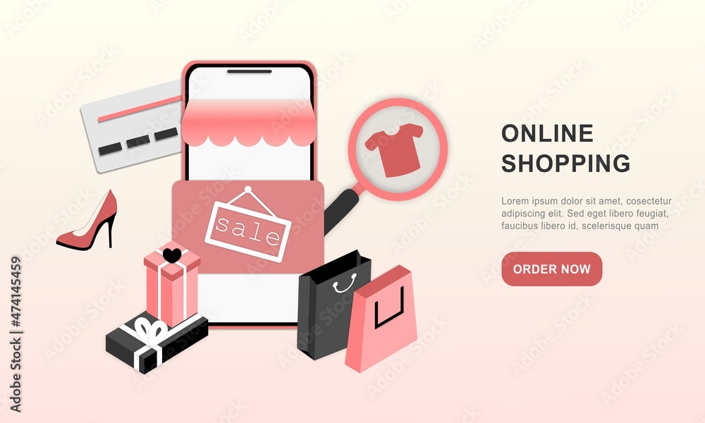 Poster 3d realistic online shopping on landing web page or mobile application concept of vector digital mar