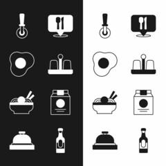 Set Salt and pepper, Scrambled eggs, Pizza knife, Cafe restaurant location, Asian noodles in bowl, Online ordering delivery, Wine bottle and Hotel service bell icon. Vector