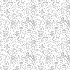 Seamless pattern with sea creatures, funny contour cartoon animals , dark outline on white background