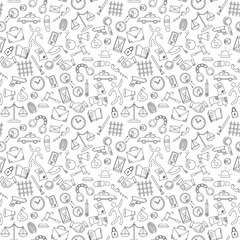 Seamless pattern with hand drawn icons on the theme of law and crimes, black contour on white background
