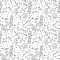 Seamless pattern on the theme of journey in the country of Italy, simple contour icons on white background