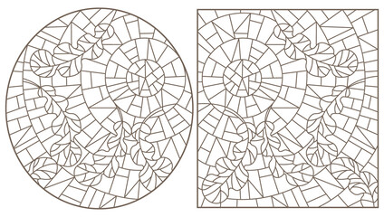 A set of contour illustrations in the style of stained glass with oak leaves on a sky background, dark contours on a white background