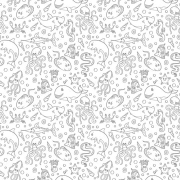 Seamless pattern with sea creatures, funny contour cartoon animals , dark outline on white background