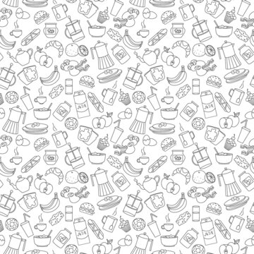 Seamless pattern on theme of food and breakfast , simple contour icons,dark outlines on white background