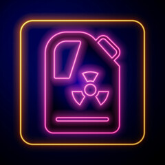 Glowing neon Radioactive waste in barrel icon isolated on black background. Toxic refuse keg. Radioactive garbage emissions, environmental pollution. Vector