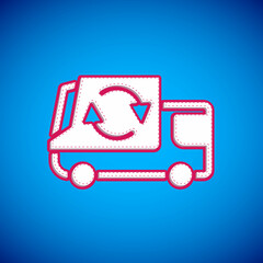 White Garbage truck icon isolated on blue background. Vector