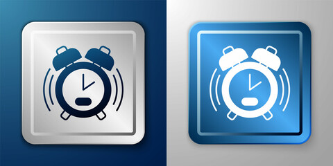 White Alarm clock icon isolated on blue and grey background. Wake up, get up concept. Time sign. Silver and blue square button. Vector