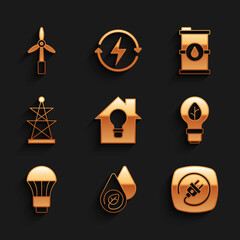 Set Smart house and light bulb, Water energy, Electric plug, Light with leaf, LED, tower, Bio fuel barrel and Wind turbine icon. Vector