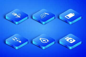 Set Propane gas tank, Electric saving plug in leaf, Water energy, Solar panel and Battery icon. Vector