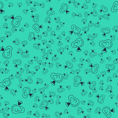 Black Earplugs and ear icon isolated seamless pattern on green background. Ear plug sign. Noise symbol. Sleeping quality concept. Vector