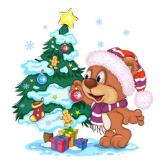 A colorful illustration of Cartoon Teddy Bear decorating the Christmas tree with toys. An elegant Christmas tree with gifts underneath.