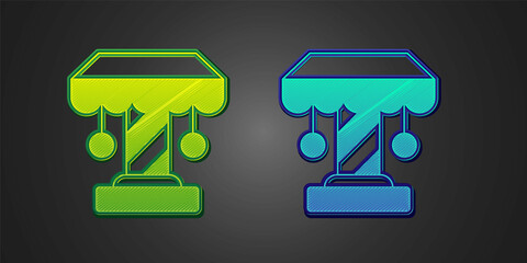 Green and blue Attraction carousel icon isolated on black background. Amusement park. Childrens entertainment playground, recreation park. Vector